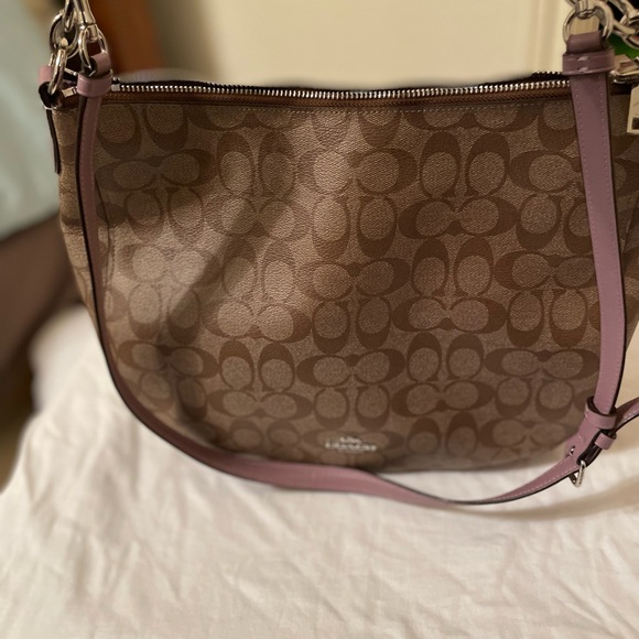 Coach Zip Shoulder Bag Signature Canvas Leather Khaki Lavender - Picture 5 of 9